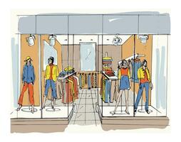 modern interiör boutique, handla Centrum, köpcenter med kläder. kontur skiss illustration. vektor