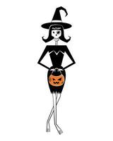 skelett häxa karaktär i häxa hatt och svart klänning med pumpa korg i händer. halloween fest skelett karaktär i retro stil. vektor