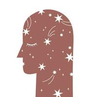 Kopf Silhouette mit Sterne Hand gezeichnet Vektor Illustration isoliert Hintergrund. Konzept Mensch Verbindung mit Kosmos, Erweiterung von Bewusstsein, Meditation Praktiken Methoden Ausübungen, Psychologie, Lebensstil, Träumer