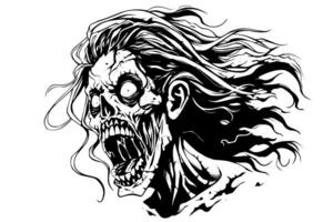 zombie huvud eller ansikte bläck skiss. gående död- hand teckning vektor illustration.