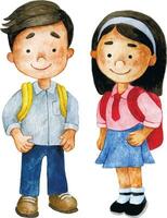 Junge und Mädchen Schulkinder mit Schule Rucksäcke. süß Charakter, Aquarell Zeichnung auf das Thema zurück zu Schule vektor