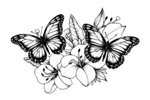 skizzieren von Schmetterlinge sitzen auf Blumen. Hand gezeichnet Gravur Stil Vektor Illustration.