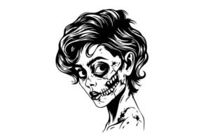 Zombie Kopf oder Gesicht Tinte skizzieren. Gehen tot Hand Zeichnung Vektor Illustration.