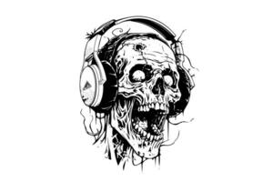 zombie huvud på hörlurar bläck skiss. gående död- hand teckning vektor illustration.