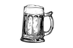 öl glas med ale och frodig skum.hand dragen bläck skiss. gravyr årgång stil vektor illustration.