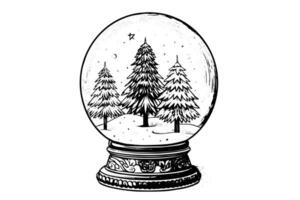 fröhlich Weihnachten Geschenk Schnee Globus Schneeflocke Baum innen. Vektor Gravur Tinte skizzieren Illustration.