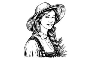 en kvinna jordbrukare skörd i de fält i gravyr stil. teckning bläck skiss vektor illustration.