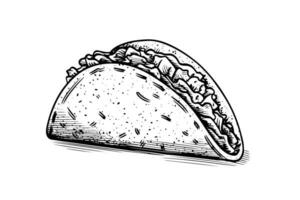 hand dragen bläck skiss av taco. traditionell mexikansk snabb mat illustration. vektor teckning.