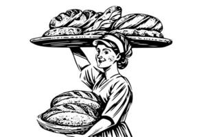 Hand gezeichnet Tinte skizzieren von weiblich Bäcker mit gebacken Brot auf ein Tablett. graviert Stil Vektor Illustration. Design zum Logo, Werbung.