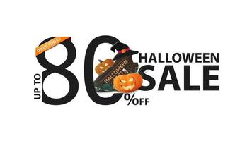 Halloween Sale, weißes Banner mit 80 Stück, Holzschild, Hexenhut und Kürbis Jack vektor