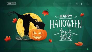 Fröhliches Halloween, Süßes oder Saures, grüne horizontale Postkarte mit polygonaler Textur, Vogelscheuche und Kürbissteckfassung gegen den Mond vektor