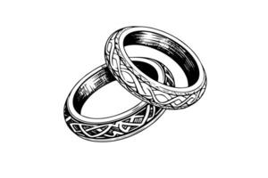 Vektor Hand gezeichnet Illustration von Hochzeit Schmuck Ringe im Jahrgang graviert Stil.