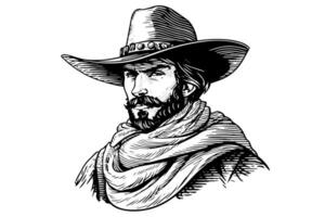 cowboy sätta dit eller huvud på hatt i gravyr stil. hand dragen bläck skiss. vektor illustration.