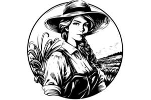 ein Frau Farmer Ernte im das Feld im Gravur Stil. Zeichnung Tinte skizzieren Vektor Illustration.