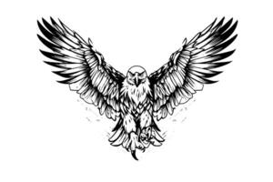 fliegend Adler Logo Maskottchen im Gravur Stil. Vektor Illustration von Zeichen oder markieren.