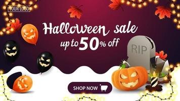 7163Halloween-Verkauf, bis zu 50 Rabatt. lila Rabatt-Banner mit Herbstblättern, Knopf, Halloween-Ballons, Girlande, Grabstein und Kürbis-Jack vektor