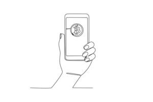 ein Hand halten ein Zelle Telefon mit ein Bitcoin Symbol vektor