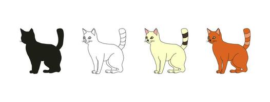 katt eller kattunge. vit, röd katt, silhuett och översikt av en katt. vektor isolerat. tecknad serie. sällskapsdjur och vän. för ikon, bricka, emblem, skriva ut, textil, sällskapsdjur affär, gåva skriva ut, barn färg bok, omslag
