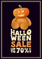 Halloween-Verkauf, bis zu 70 Rabatt, vertikales Poster im typografischen Stil mit Teddybär mit Kürbiskopf vektor