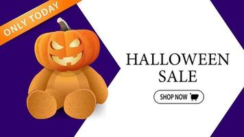 Halloween-Verkauf, modernes Rabattbanner für Ihre Website mit großem Pfeil im Hintergrund und Teddybär mit Kürbiskopf jack vektor