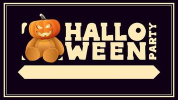 Halloween-Party, horizontales Poster im typografischen Stil mit Teddybär mit Kürbiskopfdy vektor