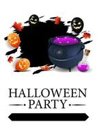 halloween party, weißes poster mit halloween ballons, herbstblätter und hexenkessel mit trank. weiße Vorlage für Ihre Kunst vektor