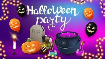 Halloween-Party, horizontale Einladungskarte mit verschwommenem Hintergrund, Halloween-Ballons, Girlande, Hexenkessel mit Trank, Grabstein und Kürbis-Jack vektor
