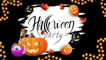 Halloween-Party, dunkles Halloween-Poster mit Halloween-Ballons, Herbstblättern, Girlande, Kürbis-Jack und Hexentrank vektor