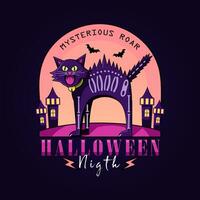 halloween natt, tecknad serie illustration av en rytande svart katt. perfekt för logotyper, maskotar, t-shirts, klistermärken och posters vektor