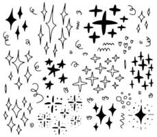 Vektor Gekritzel funkeln und Blitz Satz. Hand gezeichnet Funke funkeln und Gekritzel Sterne Satz.
