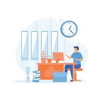 Freiberufler oder Blogger Zuhause Büro Konzept. Mann Arbeiten von Zuhause und reden mit Kollegen online. eben Vektor modern Illustration