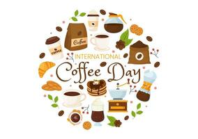 International Kaffee Tag Vektor Illustration auf 1 Oktober mit duftend trinken und braun Hintergrund im eben Karikatur Hand gezeichnet Vorlagen