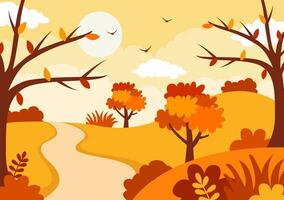 Herbst Landschaft Hintergrund Vektor Illustration mit Berge, Felder, Bäume und fallen Blätter im eben Karikatur natürlich Jahreszeit Panorama Vorlagen