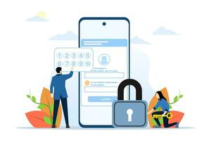 Passwort sperren Konzept, eben Entwickler einstellen Sicherheit System zu schützen Konto Daten und Benutzer sperren Passwort zum Anmeldung Telefon Anwendung. eben Vektor Illustration auf ein Weiß Hintergrund.