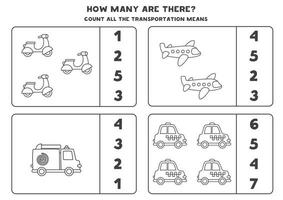 Zählspiel mit Transportmitteln. Mathe-Arbeitsblatt. vektor
