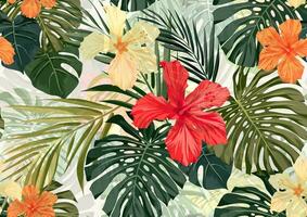 nahtlos Sommer- tropisch Muster mit Monstera plam Blätter und Hibiskus Blumen. Vektor Illustration.
