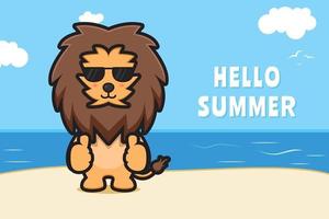 söt lejon bär glasögon med bra pose med en sommar hälsning banner tecknad vektor ikon illustration