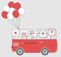 djur tecknad skiss de söta djuren på röd bil buss med ballong. handritad stil. vektor