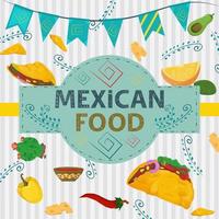 Quadratisches Banner-Label flach zum Thema mexikanisches Essen großer Aufschriftname in der Mitte auf dem Hintergrund gibt es Tortilla-Taco-Pfeffer-Kaktus-Pflanzenzweige vektor