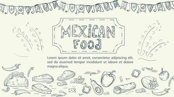 Illustrationsskizze im Stil einer Doodle-Hand gezeichnet für ein Design zum Thema mexikanische Nationalgerichte Tortillas Tacos und Burritos Peperonitomate vektor