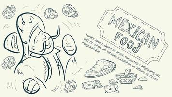 illustration en skiss gjord i stil med en klotterhand ritad för en design på temat mexikansk nationell mat en mexikan i nationella kläder med maracaskallar och varm sås vektor
