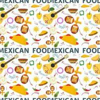 platt oändligt sömlöst mönster på temat mexikansk mat gitarr maracas lime peppar burrito på en vit bakgrund vektor