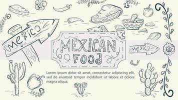 Illustrationsskizze im Stil einer Doodle-Hand gezeichnet für ein Design zum Thema mexikanisches National Food Road Sign Tortilla Taco Chili Pepper Tomate vektor