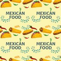 flaches endloses nahtloses Muster zum Thema mexikanisches Essen Tortilla Taco und Burrito mit roter und grüner scharfer Chilischote auf gelbem Hintergrund vektor