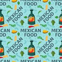Flaches endloses nahtloses Muster zum Thema mexikanisches Essen, Tequila-Getränkeflasche und Kaktuspflanze auf blauem Hintergrund vektor
