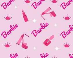 sömlös mönster med barbie hand dragen kalligrafi text, krona, sandaler, läppstift. rosa barbie text i trendig style.vector illustration. vektor