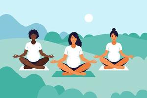 schwangere frauen mit landschaft. Yoga-Kurs im Freien. Meditation mit Trainer im Park. Schwangerschaftstraining zur Entspannung. flache Vektorillustration. vektor