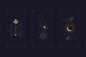 uppsättning mystiska tarotkort. element av esoteriska, ockulta, alkemiska och häxasymboler. stjärntecken. kort med esoteriska symboler. silhuett av händer, stjärnor, måne och kristaller. vektor illustration