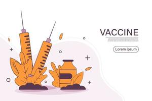 tid att vaccinera. målsidesmall. modernt platt koncept för webbdesign. vektor illustration med spruta med vaccin, flaska och virus.