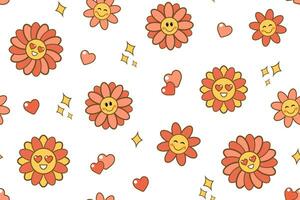 sömlös mönster med leende röd daisy blommor på vit bakgrund. vektor